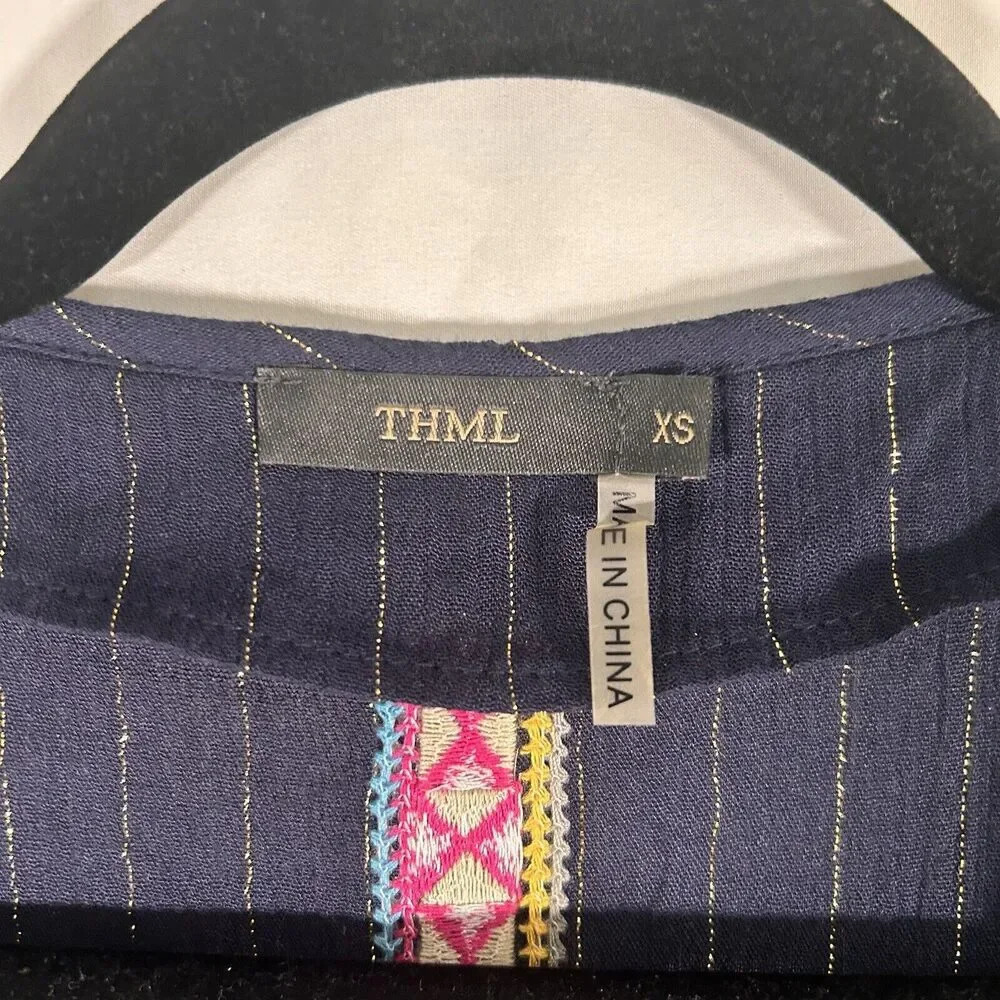 THML Top Women's XS Blue Striped Gold Vneck Lightwieght Rayon - Picture 5 of 10